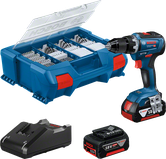 Bosch GSR 18V-55 boremaskinesæt med kuffert, batteri og oplader.